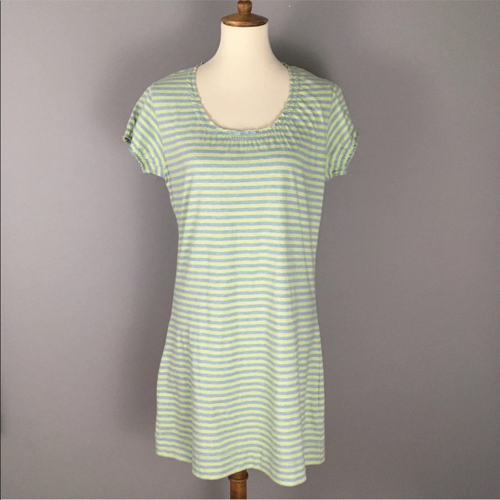 Tyler Boe $98 Jersey Knit Dress Size M Blue Green Stripe Elastic Neck and Cuffs